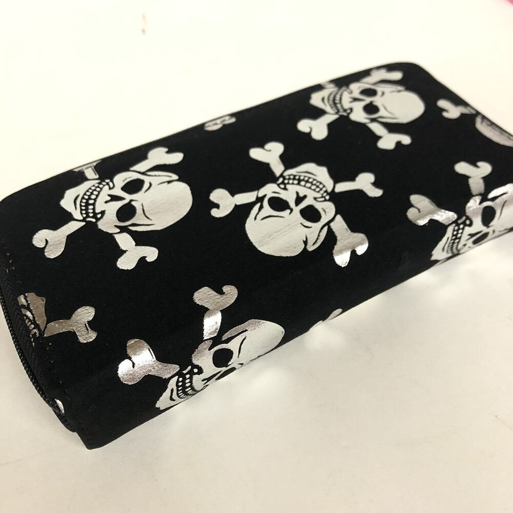 Black And White Skull Long Thick Bifold Wallet, 8x4x1.5”, 2 Compartment Dual Zip